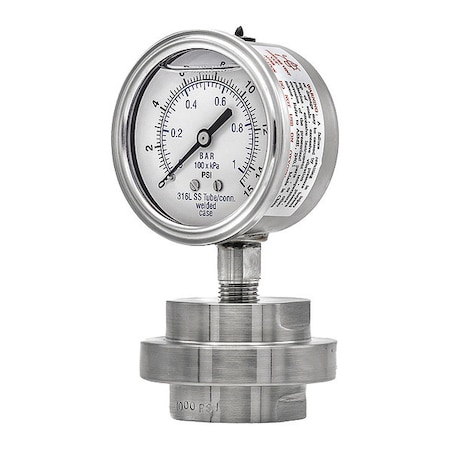Pic Gauges Pressure Gauge with Diaphragm Seal, 0 to 15 psi, 2 1/2 in Dial, 1/4 in NPT, Bottom Location 301L254B/3JJJ100