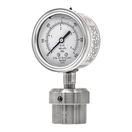 Pic Gauges Pressure Gauge with Diaphragm Seal, 0 to 60 psi, 2 1/2 in Dial, 1/4 in NPT, Bottom Location 301L254D/0JJJ100