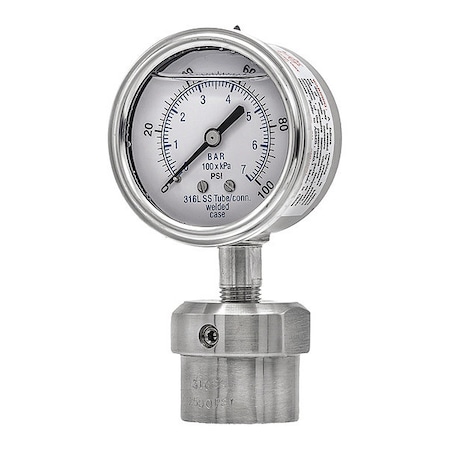 Pic Gauges Pressure Gauge with Diaphragm Seal, 0 to 100 psi, 2 1/2 in Dial, 1/4 in NPT, Bottom Location 301L254E/0JJJ100