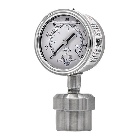 Pic Gauges Pressure Gauge with Diaphragm Seal, 0 to 160 psi, 2 1/2 in Dial, 1/4 in NPT, Bottom Location 301L254F/0JJJ100