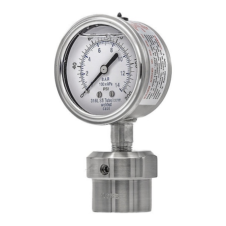Pic Gauges Vacuum Gauge with Diaphragm Seal, 0 to 200 psi, 2 1/2 in Dial, 1/4 in NPT, Bottom Location 301L254G/0JJJ100