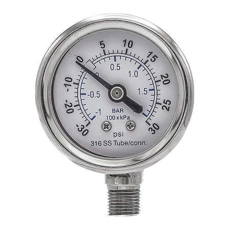 Pic Gauges Industrial Compound Gauge, 30 to 0 to 30 psi, 1 1/2 in Dial, 1/8 in NPT, Bottom Location PRO-301D-158CC-01