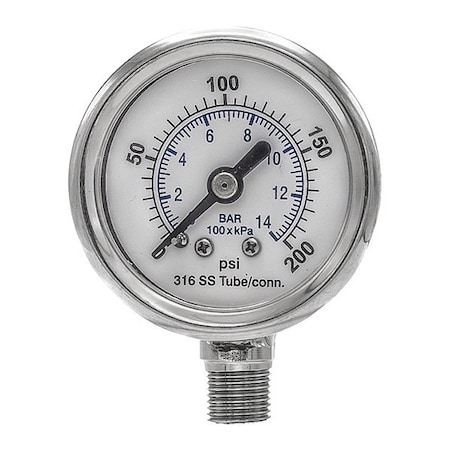 Pic Gauges Industrial Pressure Gauge, 0 to 200 psi, 1 1/2 in Dial, 1/8 in NPT, Bottom Location PRO-301D-158G-01