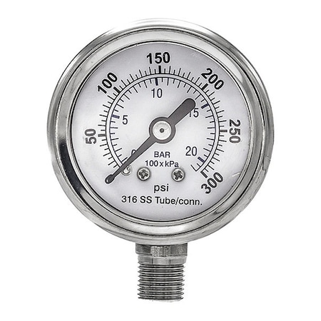 Pic Gauges Industrial Pressure Gauge, 0 to 300 psi, 1 1/2 in Dial, 1/8 in NPT, Bottom Location PRO-301D-158H-01
