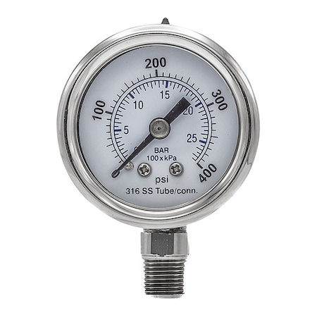Pic Gauges Industrial Pressure Gauge, 0 to 400 psi, 1 1/2 in Dial, 1/8 in NPT, Bottom Location PRO-301D-158I-01