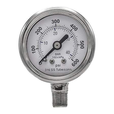 Pic Gauges Industrial Pressure Gauge, 0 to 600 psi, 1 1/2 in Dial, 1/8 in NPT, Bottom Location PRO-301D-158K-01