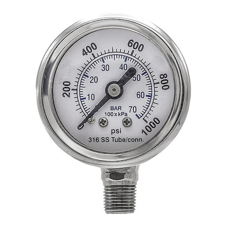 Pic Gauges Industrial Pressure Gauge, 0 to 1,000 psi, 1 1/2 in Dial, 1/8 in NPT, Bottom Location PRO-301D-158M-01