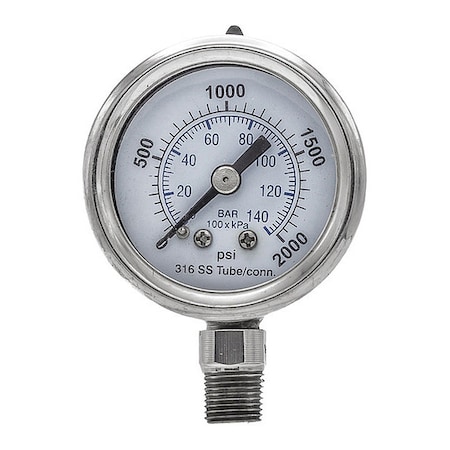 Pic Gauges Industrial Pressure Gauge, 0 to 2,000 psi, 1 1/2 in Dial, 1/8 in NPT, Bottom Location PRO-301D-158O-01