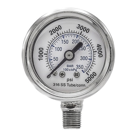 Pic Gauges Industrial Pressure Gauge, 0 to 5,000 psi, 1 1/2 in Dial, 1/8 in NPT, Bottom Location PRO-301D-158R-01