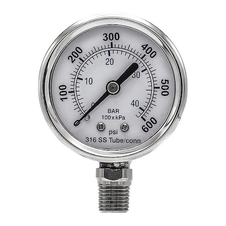 Pic Gauges Industrial Pressure Gauge, 0 to 600 psi, 2 in Dial, 1/4 in NPT, Bottom Location PRO-301D-204K-01