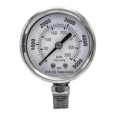 Pic Gauges Industrial Pressure Gauge, 0 to 5,000 psi, 2 in Dial, 1/4 in NPT, Bottom Location PRO-301D-204R-01