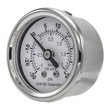 Pic Gauges Industrial Compound Gauge, 30 to 0 to 30 psi, 1 1/2 in Dial, 1/8 in NPT, Center Back Location PRO-302D-158CC-01