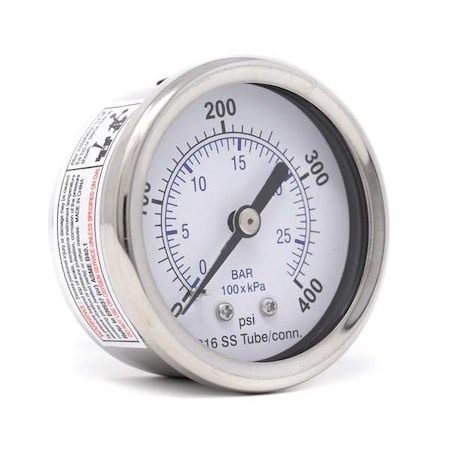Pic Gauges Industrial Pressure Gauge, 0 to 400 psi, 2 in Dial, 1/4 in NPT, Center Back Location PRO-302D-204I-01