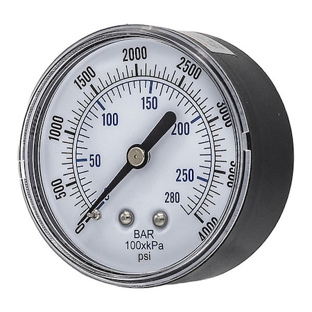 Pic Gauges Industrial Pressure Gauge, 0 to 4,000 psi, 2 1/2 in Dial, 1/4 in NPT, Center Back Location SEP-102D-254Q