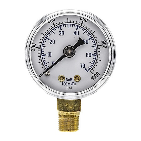 Pic Gauges Industrial Pressure Gauge, 0 to 1,000 psi, 1 1/2 in Dial, 1/8 in NPT, Bottom Location 101D-158M