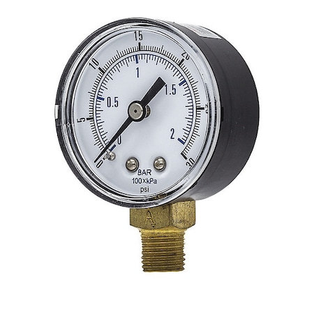 Pic Gauges Industrial Pressure Gauge, 0 to 30 psi, 2 in Dial, 1/4 in BSPT, Bottom Location, Steel Case Material SEP-101D-204C-BSPT
