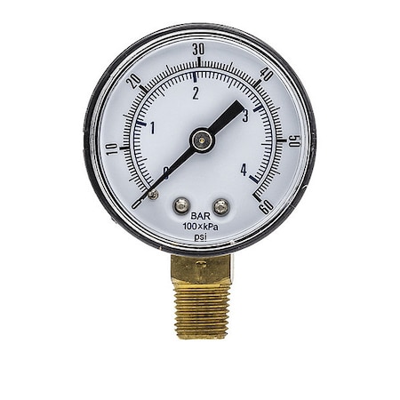 Pic Gauges Industrial Pressure Gauge, 0 to 60 psi, 2 in Dial, 1/4 in BSPT, Bottom Location, Steel Case Material SEP-101D-204D-BSPT