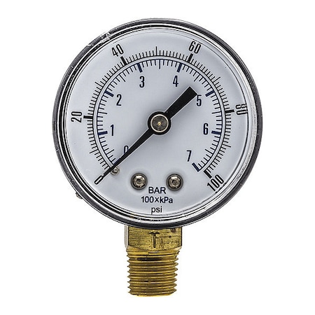 Pic Gauges Industrial Pressure Gauge, 0 to 100 psi, 2 in Dial, 1/4 in BSPT, Bottom Location SEP-101D-204E-BSPT