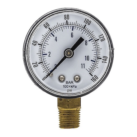 Pic Gauges Industrial Pressure Gauge, 0 to 160 psi, 2 in Dial, 1/4 in BSPT, Bottom Location SEP-101D-204F-BSPT