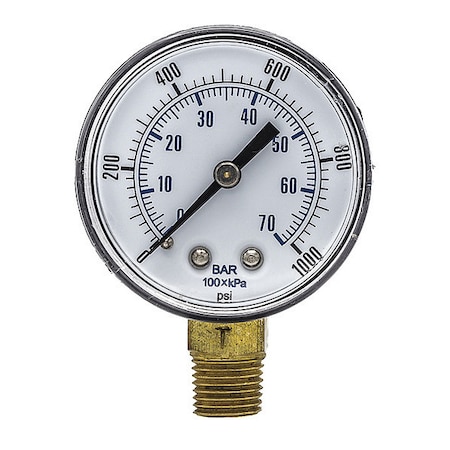 Pic Gauges Industrial Pressure Gauge, 0 to 1,000 psi, 2 in Dial, 1/4 in BSPT, Bottom Location SEP-101D-204M-BSPT
