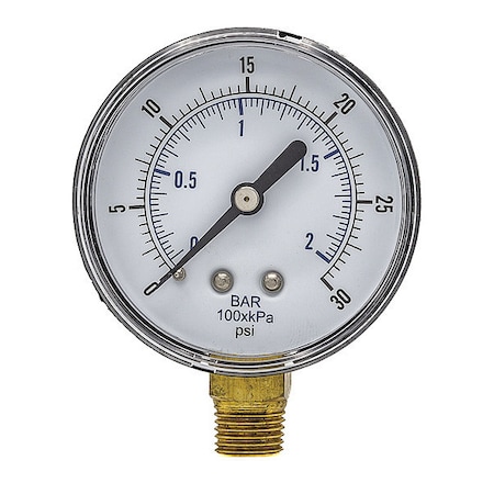 Pic Gauges Industrial Pressure Gauge, 0 to 30 psi, 2 1/2 in Dial, 1/4 in BSPT, Bottom Location SEP-101D-254C-BSPT