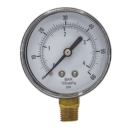 Pic Gauges Industrial Pressure Gauge, 0 to 60 psi, 2 1/2 in Dial, 1/4 in BSPT, Bottom Location SEP-101D-254D-BSPT