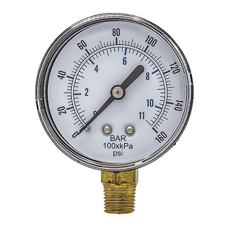 Pic Gauges Industrial Pressure Gauge, 0 to 160 psi, 2 1/2 in Dial, 1/4 in BSPT, Bottom Location SEP-101D-254F-BSPT