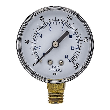 Pic Gauges Industrial Pressure Gauge, 0 to 200 psi, 2 1/2 in Dial, 1/4 in BSPT, Bottom Location SEP-101D-254G-BSPT