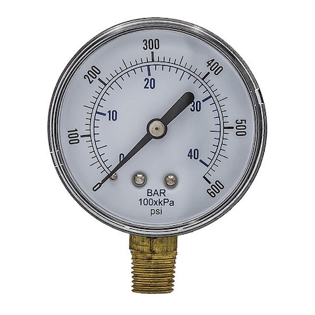 Pic Gauges Industrial Pressure Gauge, 0 to 600 psi, 2 1/2 in Dial, 1/4 in BSPT, Bottom Location SEP-101D-254K-BSPT