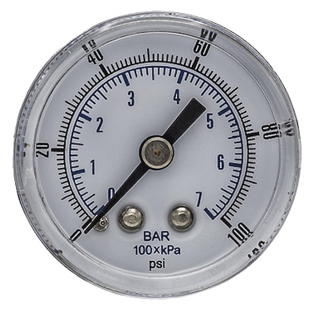 Pic Gauges Industrial Pressure Gauge, 0 to 100 psi, 1 1/2 in Dial, 1/8 in BSPT, Center Back Location SEP-102D-158E-BSPT