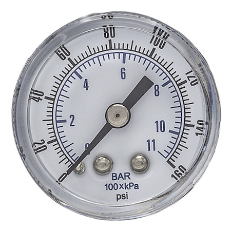 Pic Gauges Industrial Pressure Gauge, 0 to 160 psi, 1 1/2 in Dial, 1/8 in BSPT, Center Back Location SEP-102D-158F-BSPT