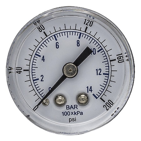 Pic Gauges Industrial Pressure Gauge, 0 to 200 psi, 1 1/2 in Dial, 1/8 in BSPT, Center Back Location SEP-102D-158G-BSPT