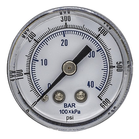 Pic Gauges Industrial Pressure Gauge, 0 to 600 psi, 1 1/2 in Dial, 1/8 in BSPT, Center Back Location SEP-102D-158K-BSPT