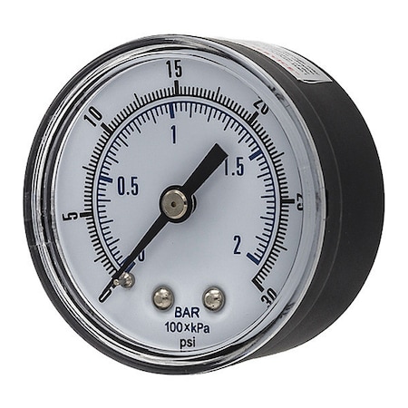 Pic Gauges Industrial Pressure Gauge, 0 to 30 psi, 2 in Dial, 1/4 in BSPT, Center Back Location SEP-102D-204C-BSPT