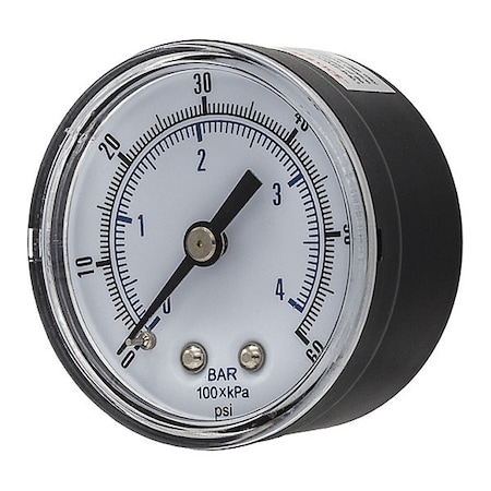 Pic Gauges Industrial Pressure Gauge, 0 to 60 psi, 2 in Dial, 1/4 in BSPT, Center Back Location SEP-102D-204D-BSPT