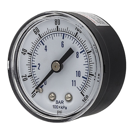 Pic Gauges Industrial Pressure Gauge, 0 to 160 psi, 2 in Dial, 1/4 in BSPT, Center Back Location SEP-102D-204F-BSPT