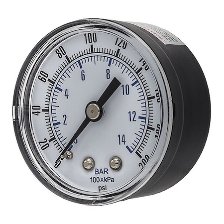 Pic Gauges Industrial Pressure Gauge, 0 to 200 psi, 2 in Dial, 1/4 in BSPT, Center Back Location SEP-102D-204G-BSPT