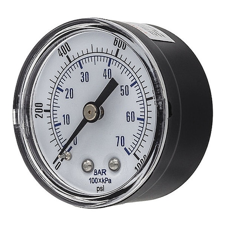 Pic Gauges Industrial Pressure Gauge, 0 to 1,000 psi, 2 in Dial, 1/4 in BSPT, Center Back Location SEP-102D-204M-BSPT