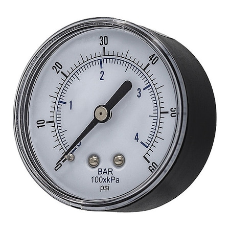 Pic Gauges Industrial Pressure Gauge, 0 to 60 psi, 2 1/2 in Dial, 1/4 in BSPT, Center Back Location SEP-102D-254D-BSPT