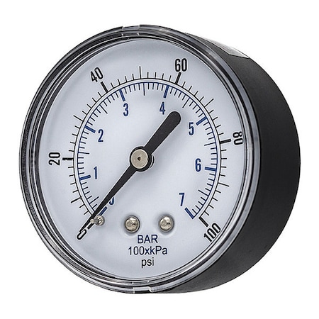 Pic Gauges Industrial Pressure Gauge, 0 to 100 psi, 2 1/2 in Dial, 1/4 in BSPT, Center Back Location SEP-102D-254E-BSPT