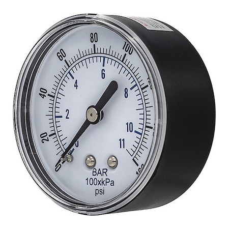 Pic Gauges Industrial Pressure Gauge, 0 to 160 psi, 2 1/2 in Dial, 1/4 in BSPT, Center Back Location SEP-102D-254F-BSPT