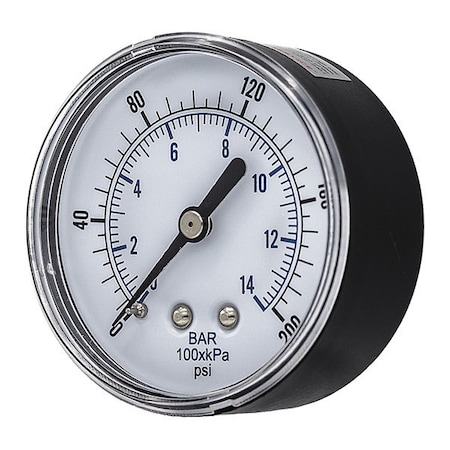 Pic Gauges Industrial Pressure Gauge, 0 to 200 psi, 2 1/2 in Dial, 1/4 in BSPT, Center Back Location SEP-102D-254G-BSPT