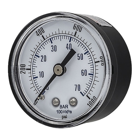 Pic Gauges Industrial Pressure Gauge, 0 to 1,000 psi, 2 in Dial, 1/4 in NPT, Center Back Location SEP-102D-204M