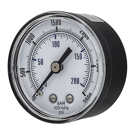 Pic Gauges Industrial Pressure Gauge, 0 to 3,000 psi, 2 in Dial, 1/4 in NPT, Center Back Location SEP-102D-204P