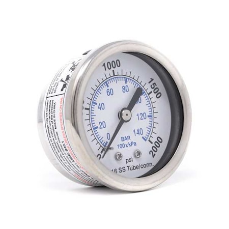 Pic Gauges Industrial Pressure Gauge, 0 to 2,000 psi, 2 in Dial, 1/4 in NPT, Center Back Location PRO-302D-204O-01