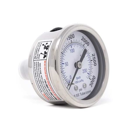 Pic Gauges Industrial Pressure Gauge, 0 to 3,000 psi, 2 in Dial, 1/4 in NPT, Center Back Location PRO-302D-204P-01