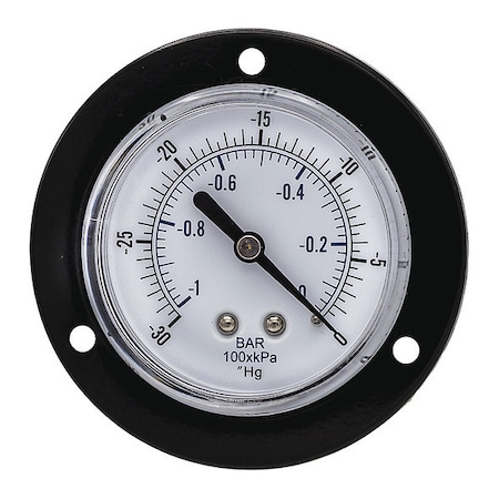 Pic Gauges Panel-Mount Vacuum Gauge, 30 to 0 psi, 2 1/2 in Dial, 1/8 in NPT, Center Back Location 104D-258A