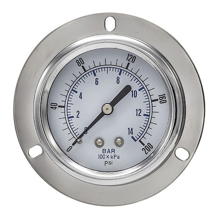 Pic Gauges Panel-Mount Pressure Gauge, 0 to 200 psi, 2 1/2 in Dial, 1/8 in NPT, Center Back Location 104D-258G