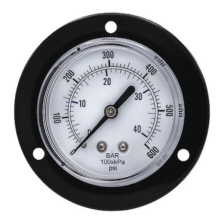 Pic Gauges Panel-Mount Pressure Gauge, 0 to 600 psi, 2 1/2 in Dial, 1/8 in NPT, Center Back Location 104D-258K