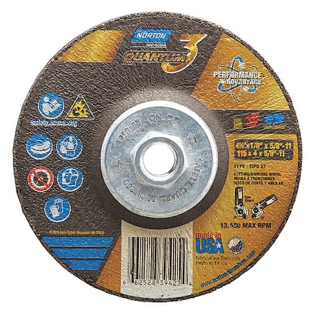Norton Abrasives Cut-Off & Grinding Wheel, Type 27, 4 1/2 in Dia, 0.125 in Thick, 5/8"-11 Arbor Hole Size, Ceramic 66252839423